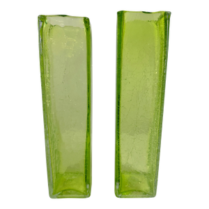 Mid 20th Century Vibrant Green Vintage Crackle Finish Rectangular Vases- a Pair