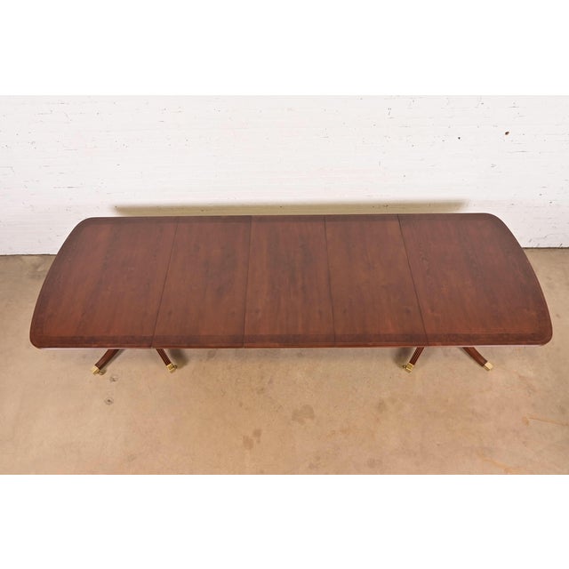 1960s Smith & Watson Georgian Banded Cherry and Burl Wood Double Pedestal Extension Dining Table, Newly Refinished For Sale - Image 5 of 13