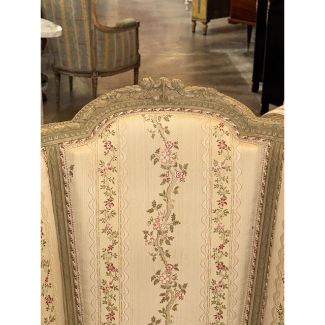 19th Century Pair of 19th Century French Carved and Painted Louis XVI Bergeres For Sale - Image 5 of 9