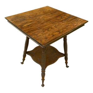 Antique Square Oak Victorian Parlor Side Table With Turned Legs and Glass Ball and Claw Feet