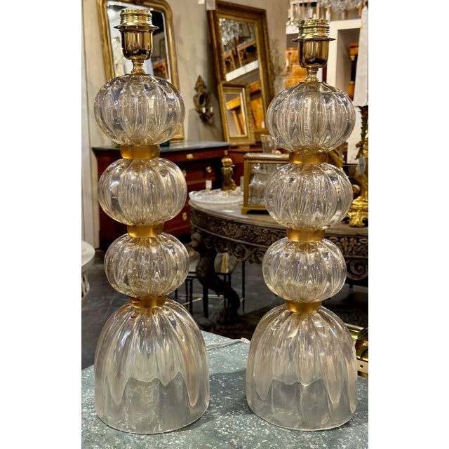 Glass Pair of Modern Pink Opalescent Murano Glass Lamps For Sale - Image 7 of 7