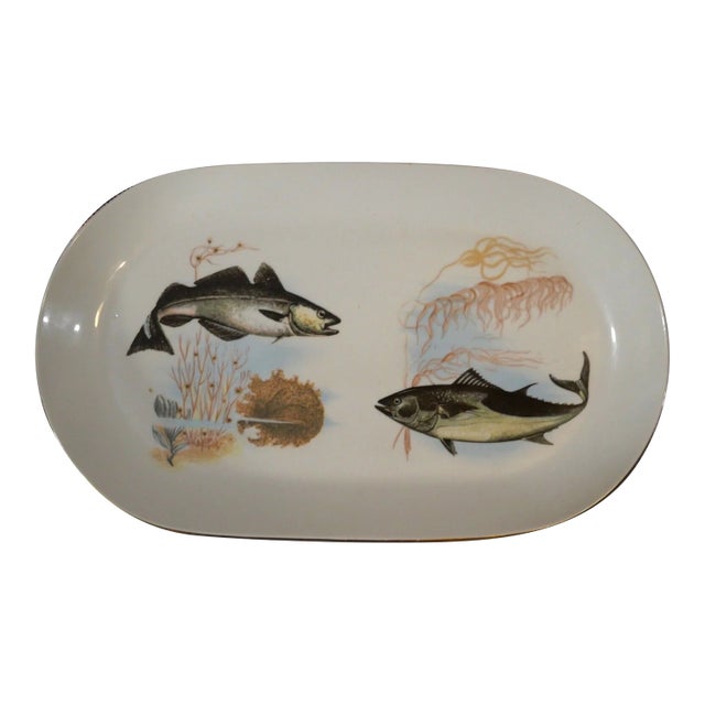 Vintage Circa 1970 German Kahla Porcelain Sturgeon Fish Motif Oblong Oval Platter For Sale