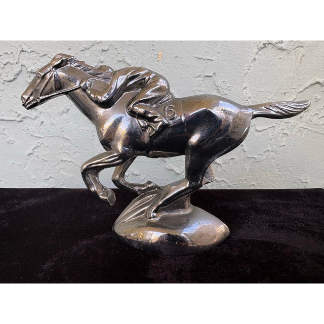 Industrial Vintage 1930s–50s Cast Metal Racehorse & Jockey Hood Ornament – Chromed Radiator Mascot For Sale - Image 3 of 8