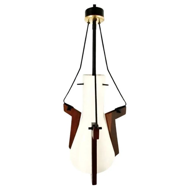 Mid-Century Modern Teak and Opaline Glass Hanging Light from Stilnovo, 1950s For Sale - Image 3 of 12