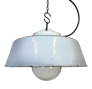 Industrial Grey Enamel Factory Pendant Lamp with Glass Cover, 1960s