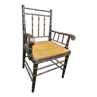Late 20th Century French Style Faux Bamboo Arm Chair With Cane Seat by Sarreid For Sale