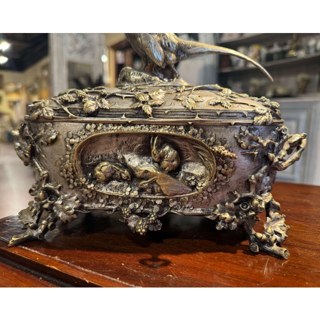 19th Century French Silvered Bronze Casket With Hunt Animals Signed A. Cain For Sale - Image 4 of 12