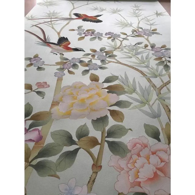 Hand Painted Pale Mint Chinoiserie Floral Crane & Long‑Tailed Bird Mural 3‑Panel Set For Sale - Image 4 of 4