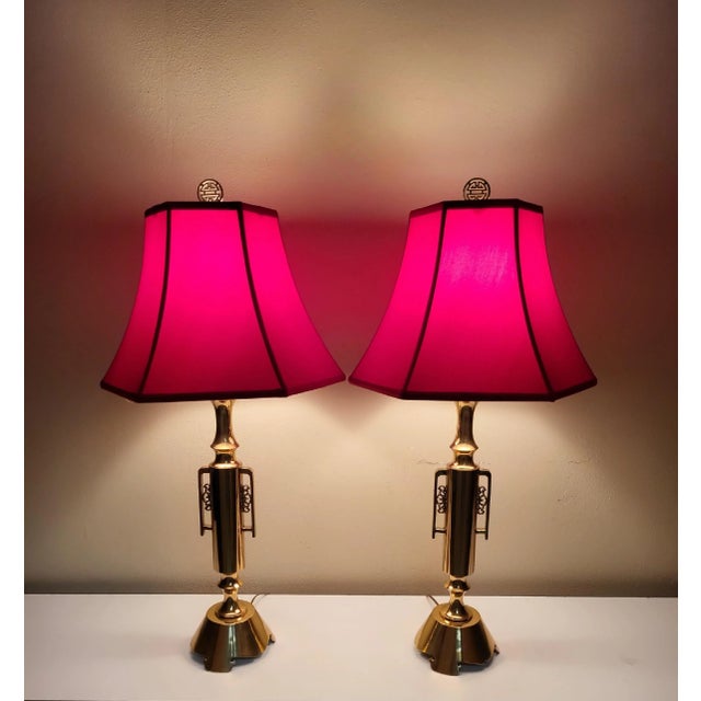 Vintage James Mont Brass Lamps With Red Hex Bell Shades - a Pair | Chairish