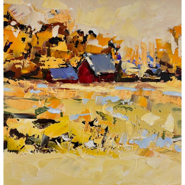 End of Fall by Sandra Pratt | Oil on linen panel Landscape with a red barn and autumn trees. For Sale
