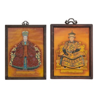 Pair of Chinese Ancestor Portraits Reverse Glass Paintings For Sale