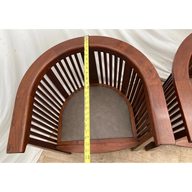 Brown Rare Set of Stickley Lounge Chairs Spindle Barrel Back Solid Cherry, Leather 1a For Sale - Image 8 of 12