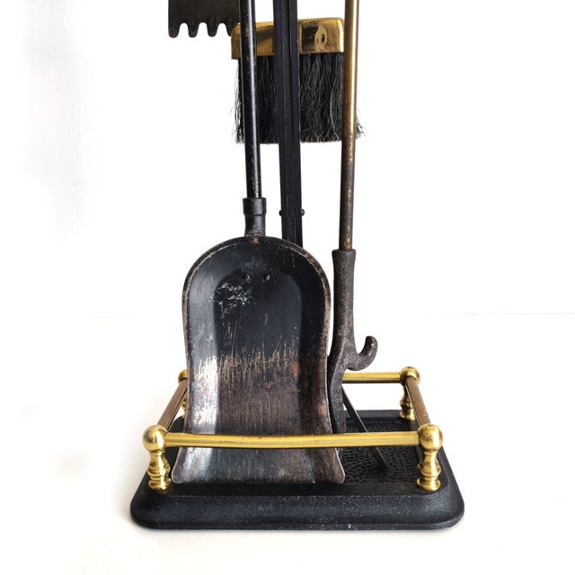 English Vintage Cast Iron and Brass Fireplace Tool Set and Stand For Sale - Image 3 of 9