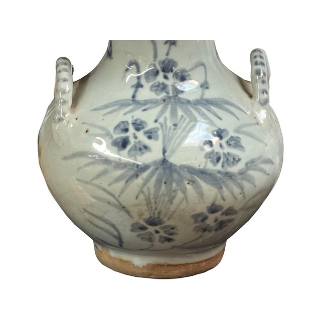 Vintage Fade Gray White Pale Blue Floral Graphic Ceramic Vase For Sale - Image 9 of 11