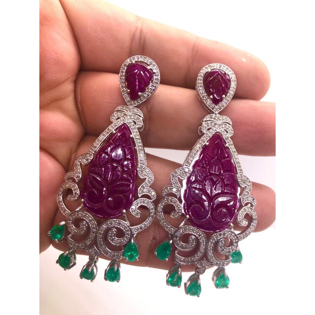 Red Bochic “Capri” Vintage Emerald, Ruby & Diamond Earrings Set In 18K Gold & Silver For Sale - Image 8 of 13