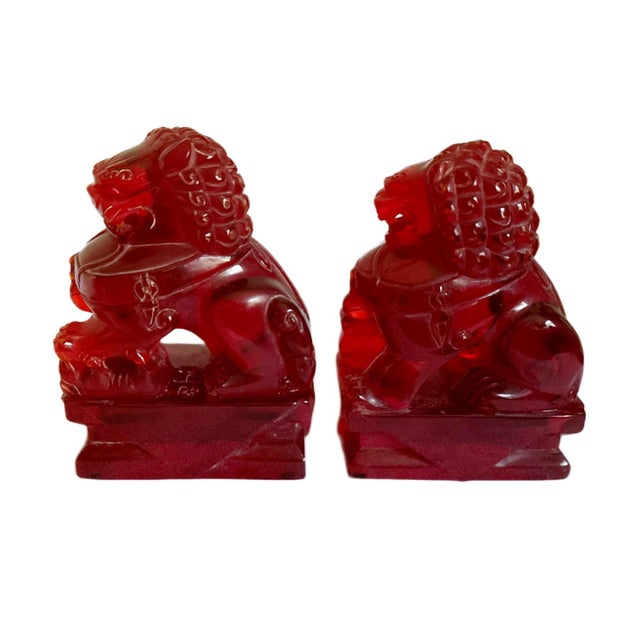 Chinoiserie Pair of Vintage Chinese Cherry Amber Foo Dogs Temple Fu Lions Figurines For Sale - Image 3 of 8