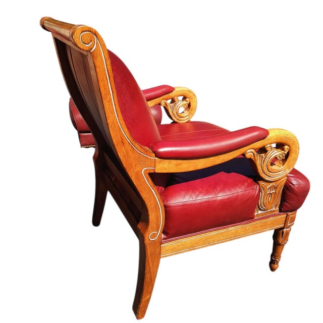 Animal Skin Empire and William IV Periods Inspired Vintage Red Leather Armchair & Ottoman For Sale - Image 7 of 12