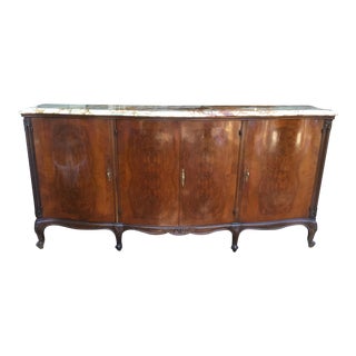 1920s Antique Louis XV Style Flame Mahogany Inlaid Serpentine Credenza With Onyx Top For Sale