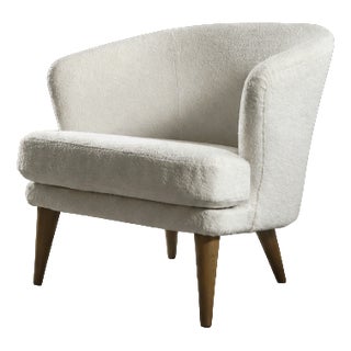 Mid-Century Scandinavian Modern Oak and Fabric Armchair with Rounded Backrest, 1960s For Sale