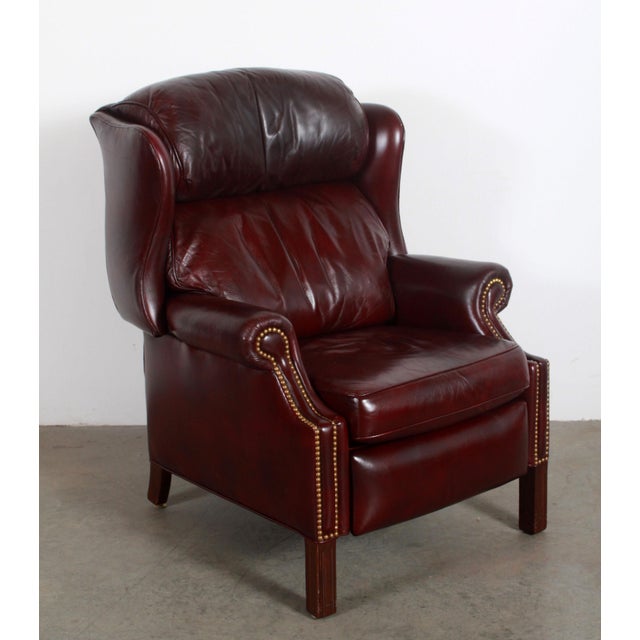 1990s Vintage Hancock & Moore Brown Leather Wing Back Library Recliner
