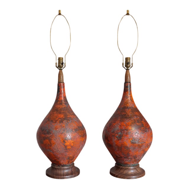 1960s Mid-Century Modern Royal Haeger Etruscan Orange Lamps - a Pair For Sale