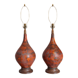 1960s Mid-Century Modern Royal Haeger Etruscan Orange Lamps - a Pair