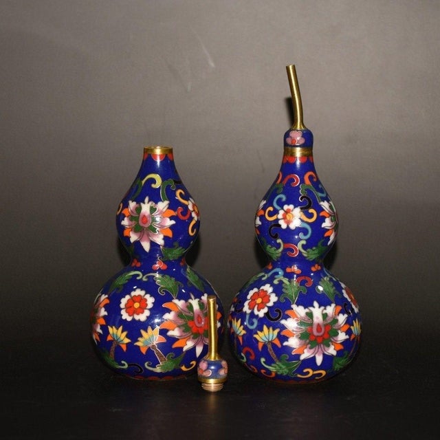 Pair Vintage Chinese Cobalt Blue Cloisonné Gourd Vases, Floral Scroll Motif For Sale - Image 4 of 9