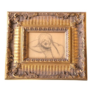 1950’s Original Abstract Female Portrait Charcoal Study Drawing Ornate Vintage Frame For Sale