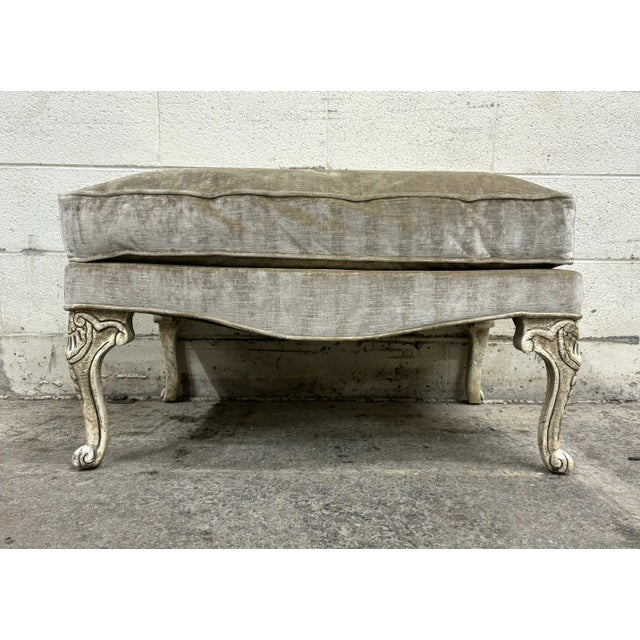 Louis XV Carved Painted Distressed Striped Upholstered Ottoman For Sale - Image 4 of 9