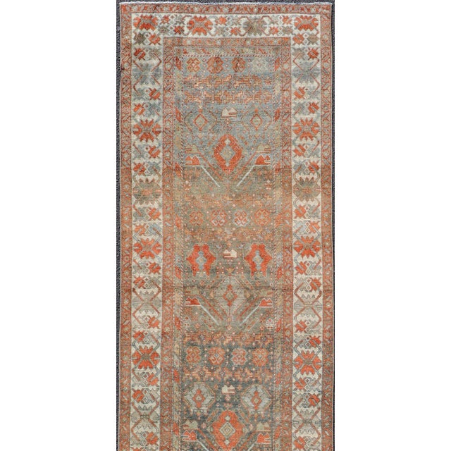 Textile Fine Antique Persian Malayer Runner in Soft Tones of Blue and Orange 2'10 X 13'8 For Sale - Image 7 of 11