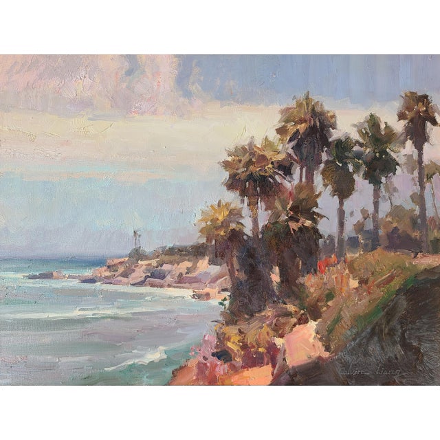 Original, one of a kind oil painting by Calvin Liang (b. 1960) depicting a serene and vibrant coastal landscape in Laguna...