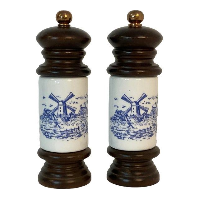 Mid-Century Delft Ceramic and Wood Salt & Pepper Mills - Set of 2. For Sale