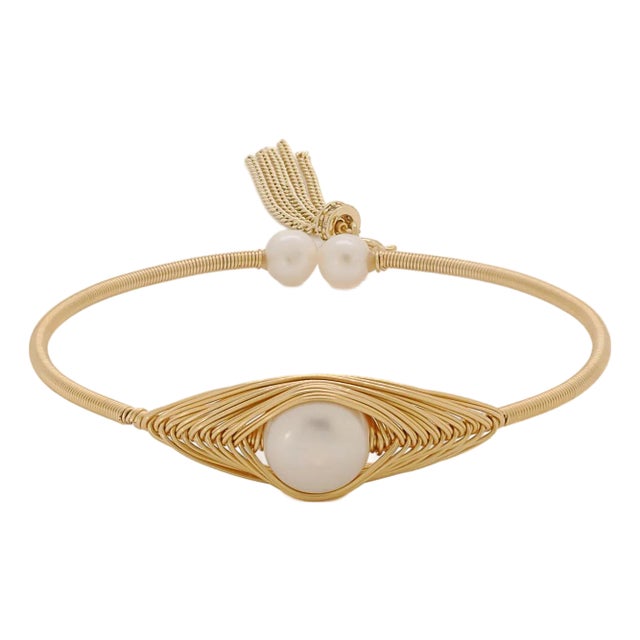 Cleopatra Gold & Pearl Tassel Cuff Bracelet For Sale