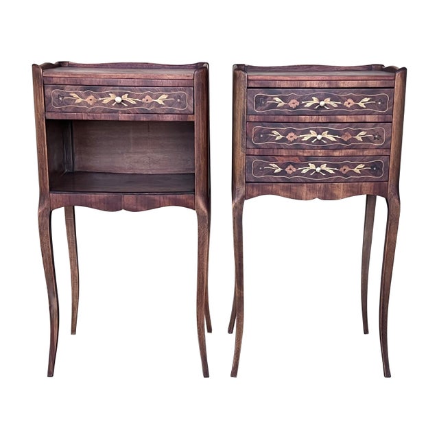 20th Century Pair of Marquetry Darkness Walnut Nightstands Tables with Drawers For Sale - Image 15 of 18