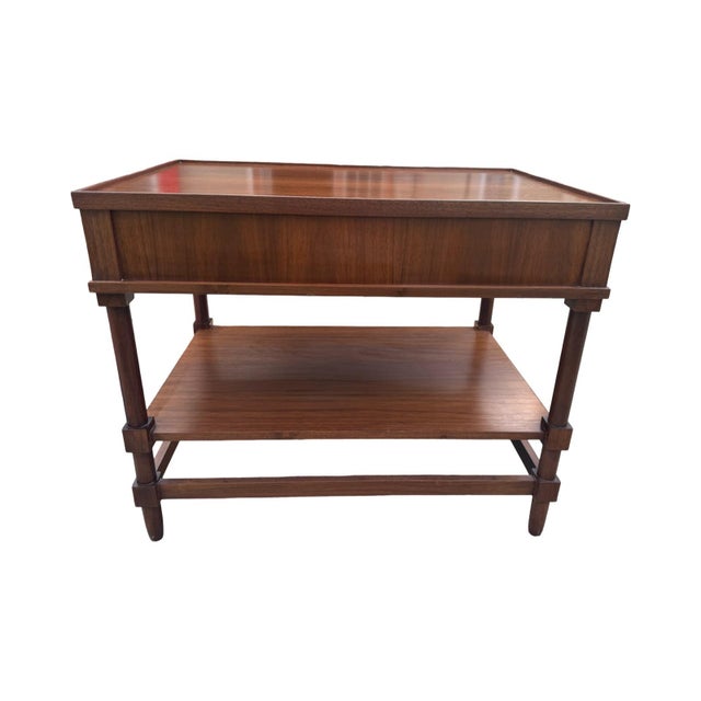 Beautiful 2 tiered warm walnut side table with tray top, and easy slide pull out drawer.