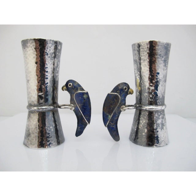 Los Castillo Los Castillo Taxco Mexico Silver Lapis Lazuli Parrot Double Jigger Shot Pair For Sale - Image 4 of 13