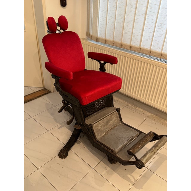 Textile Barber Chair with Red Upholstery and Adjustable Footrest For Sale - Image 7 of 9