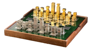 Custom Metal Chess Set with Glass Board and Storage Box in the style of Hermès, 1980s, Set of 33