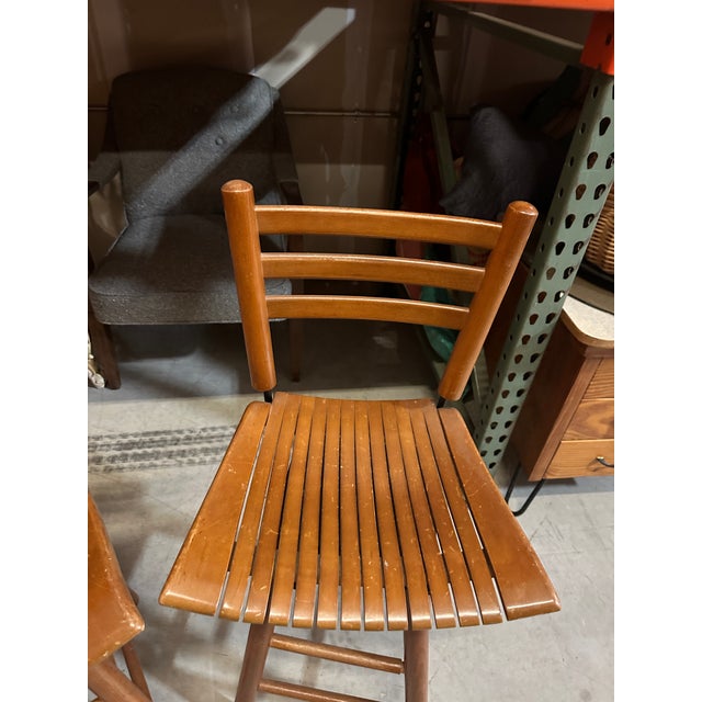 Wood Pair of 1970s Wooden Slat Swivel Bar Stools For Sale - Image 7 of 7