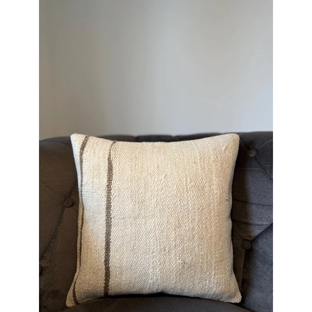 Textile Vintage Turkish Hemp Pillow, Ivory White Single Stripe Cushion, Handwoven Anatolian Pillow With Insert, 16x16 In For Sale - Image 7 of 7