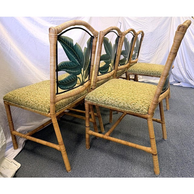 Vintage McGuire Style Rattan Wrapped Dining Chairs With Banana Leaf Back Detail- Set of 6 For Sale - Image 14 of 18
