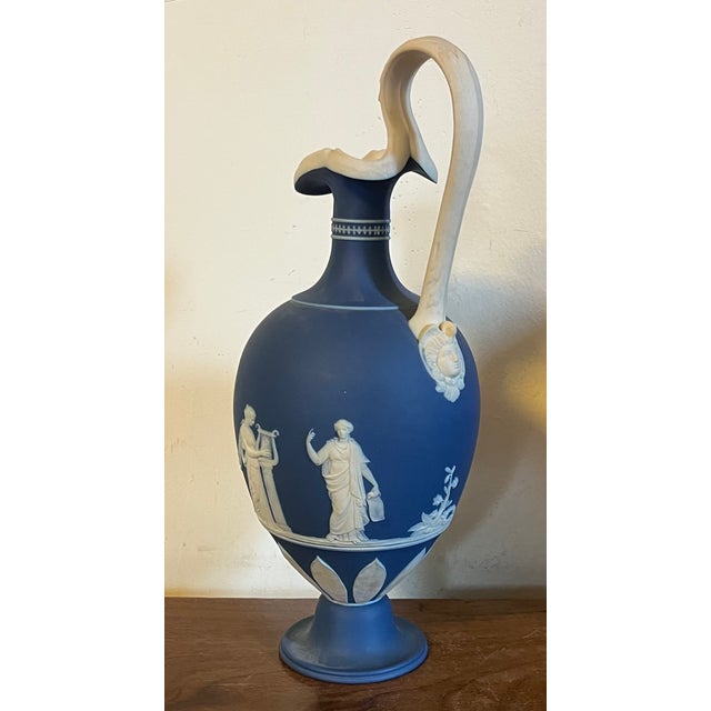 Antique 19th Century Wedgwood Dark Blue Jasperware Oinoche Vase, Urn or Ewer Decorated With Apollo and the Muses Circa 1850 For Sale - Image 10 of 18