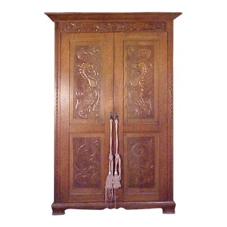 Carnegie Skibo Castle Scottish Oak Armoire With Al Carvings-Audaces Fortuna Juva For Sale