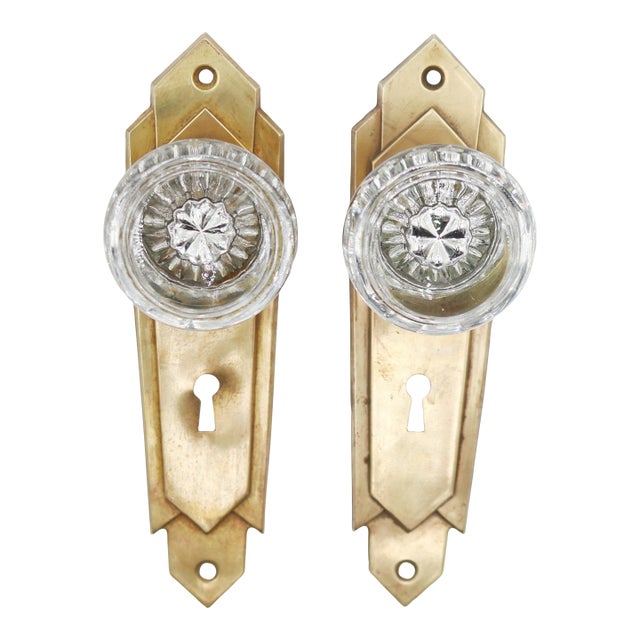 Pair of Vintage Glass Dummy Door Knobs With Deco Keyhole Plates For Sale