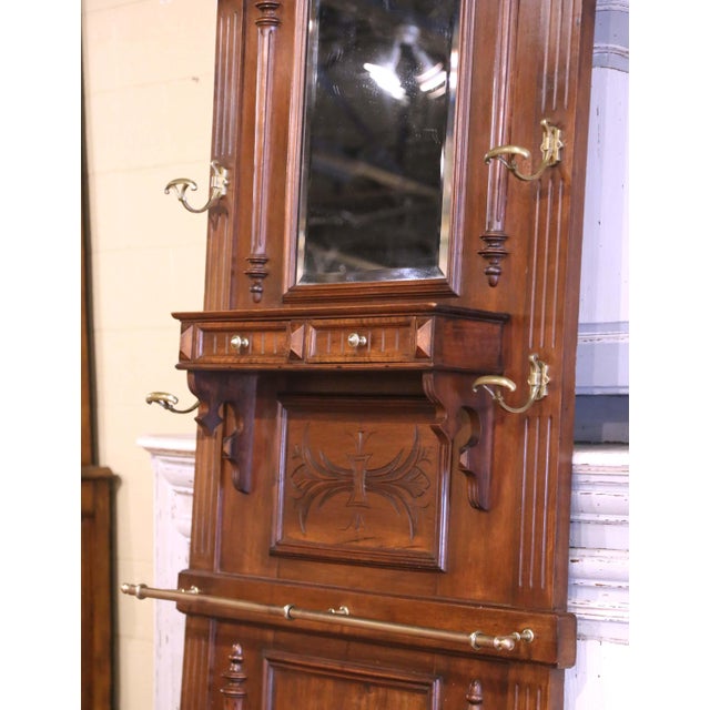 Wood 19th Century French Carved Walnut Halltree With Mirror and Brass Hooks For Sale - Image 7 of 12