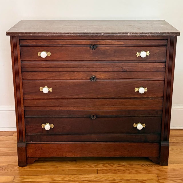 Victorian Antique Victorian Marble Topped Three Drawer Dresser Chest For Sale - Image 3 of 8