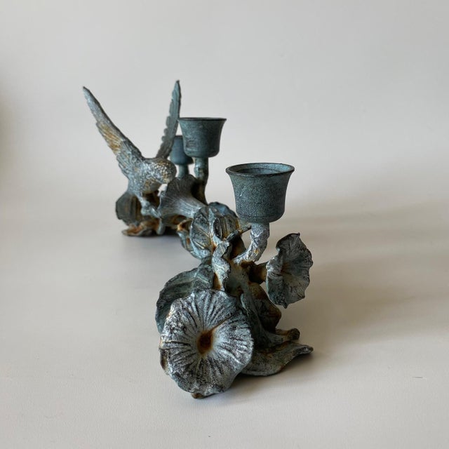Vintage Spi Triple Candelabra: Pewter, Verde-Patina, Morning Glory Hummingbird For Sale - Image 11 of 18
