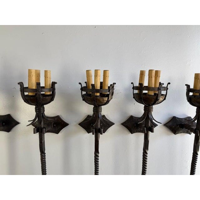 Set of Five Spanish Wrought Iron Sconces For Sale - Image 4 of 12
