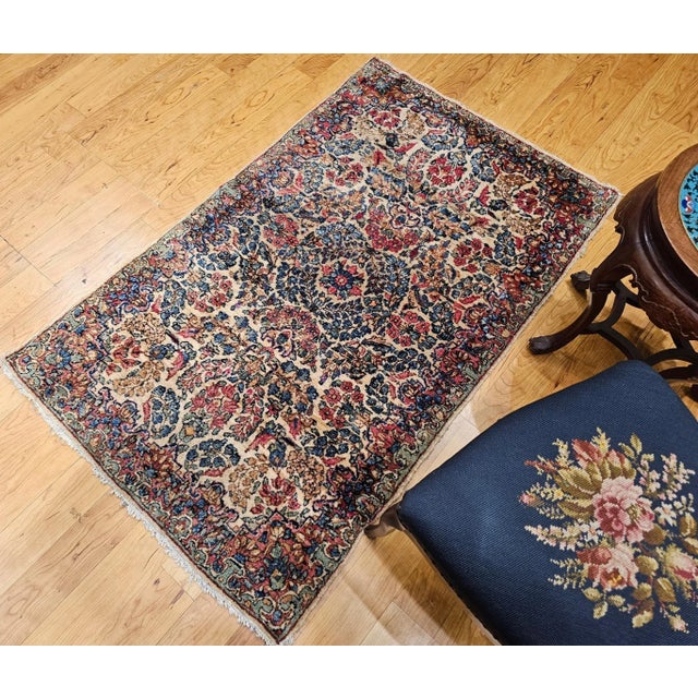 Vintage Persian Kerman Area Rug, Allover Floral Pattern, Handwoven Wool, Ivory & Blue, 3’ X 5’ For Sale - Image 11 of 12