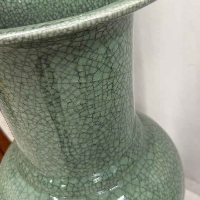 Crackle Sage Green Glazed Ceramic Vase with Tall Flared Neck For Sale - Image 9 of 10